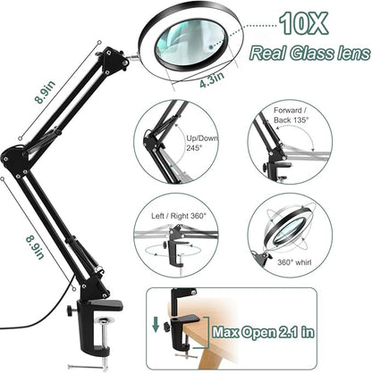 10X Magnifying Glass with Light, Krstlv Real Glass Lens Desk Lamp & Clamp, 3 Color Modes Stepless Dimmable, Hands Free LED Lighted Magnifier with Light and Stand for Reading Crafts Repair Close Works