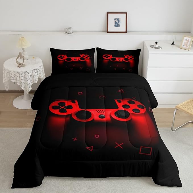 Boys Gamer Comforter Set Full Size,Gamepad Bedding Set Kids Young Man Video Games Down Comforter for Teen Child Game Room Decor Black Red Classic Retro Gaming Quilted Duvet Set with Pillowcase