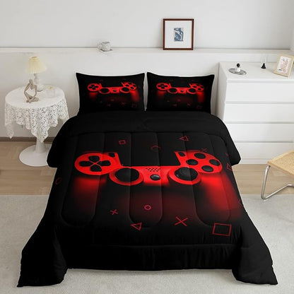 Boys Gamer Comforter Set Full Size,Gamepad Bedding Set Kids Young Man Video Games Down Comforter for Teen Child Game Room Decor Black Red Classic Retro Gaming Quilted Duvet Set with Pillowcase