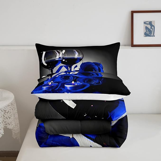 Erosebridal Rose Floral Bedding Set Full 3D Blue Rose Wine Glass Comforter Set for Women Men Adult Romantic Valentine's Day Blossom Quilt Set Banquet Flower Duvet Set, Black Gray Down Comforter