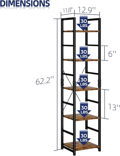 NUMENN 5 Tier Slim Bookshelf, Tall Bookcase Shelf Storage Organizer, Modern Book Shelf for Bedroom, Living Room and Home Office, Vintage
