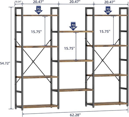 NUMENN Triple Wide 4 Tier Bookshelf, Adjustable Rustic Industrial Style Bookcases with 11 Open Display Shelves, Modern Tall Bookcase Furniture for Bedroom, Living Room and Home Office, Vintage