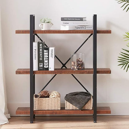 HSH Natural Real Wood Bookshelf, 3 Tier Rustic Vintage Industrial Etagere Bookcase, Open Metal Farmhouse Solid Wooden Book Shelf, Distressed Brown