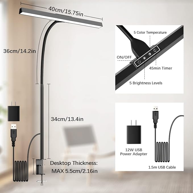Hapfish LED Desk Lamp for Home Office with Charger - 12W Desk Light Bar, 25 Lighting Modes, Eye-Caring Modern Flexible Gooseneck Clamp Table Lamps for Office Study Monitor Workbench