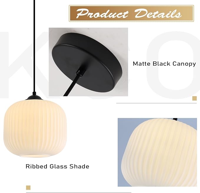 KCO Lighting Small Vintage 7.9” Black White Milk Ribbed Glass Pendant Light | Adjustable Cord E26 Hardwired Mid Century Modern Hanging Light for Sloped Ceilings Kitchen Island Bar Bedroom Dining Room