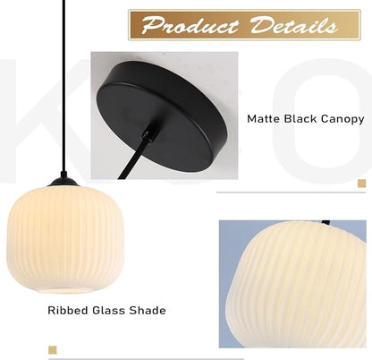 KCO Lighting Small Vintage 7.9” Black White Milk Ribbed Glass Pendant Light | Adjustable Cord E26 Hardwired Mid Century Modern Hanging Light for Sloped Ceilings Kitchen Island Bar Bedroom Dining Room