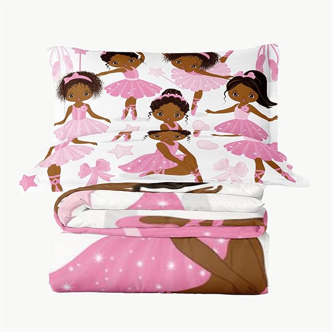 Full Bedding Sets for Girls, African American Magic Comforter Set with Ballet Dancer, Pink Bed Set for Kids Teens, Little Girls Bedroom Decor