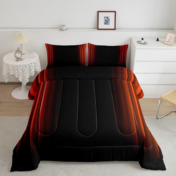 Geometric Abstract Ombre Comforter Set Kids Teens Orange Red and Black Striped Bedding Bed Set Decor Modern Fashion Comforter Inner Fill Bedroom Collection 3Pcs King Size
