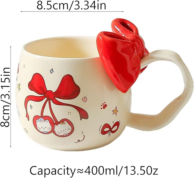 DTIUYIOP-Kawaii Red Bow Cherry Cat Ceramic Coffee Mug with 3D Red Bow and Bow Spoon, Large Curved Handle Cute Kitty Tea Cup, Coquette Aesthetic Gift for Women Girls Birthday Valentine’s Day Christmas