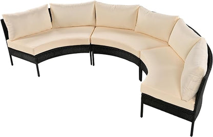 3-Piece Half Moon Patio Furniture Set with Cushions, All Weather Rattan Curved Outdoor Sofa Conversation Group Seatings for Balcony Front Porch Backyard Deck Lawn, Beige