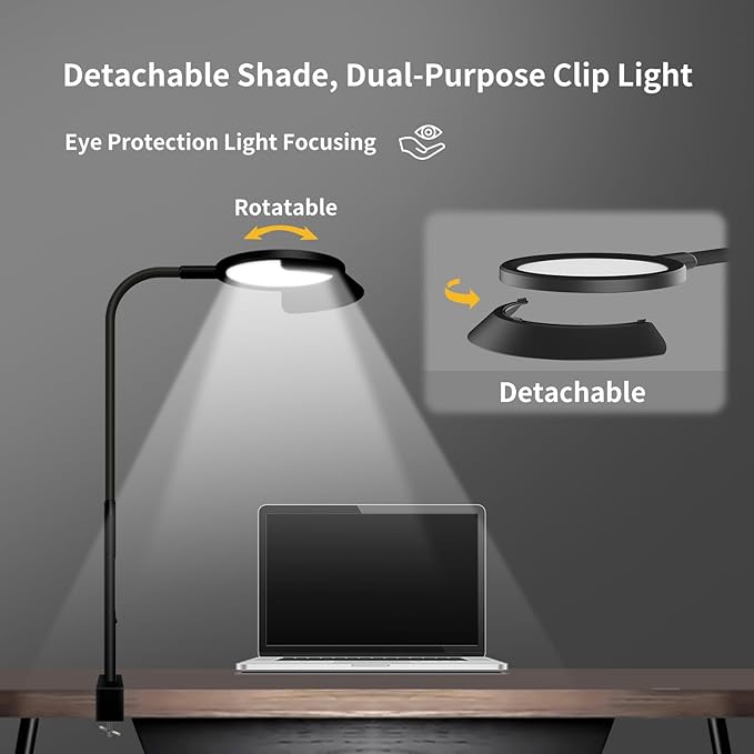 QINER LED Desk Lamp, Eye Protection Desk Light with Sunshade Touch Control Table Lamp Gooseneck Task Lamp 25 Lighting Effect Modes Clamp Lamp for Office Workbench Drafting Live Streaming