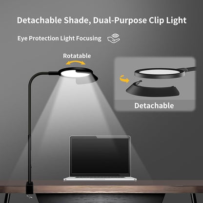 QINER LED Desk Lamp, Eye Protection Desk Light with Sunshade Touch Control Table Lamp Gooseneck Task Lamp 25 Lighting Effect Modes Clamp Lamp for Office Workbench Drafting Live Streaming