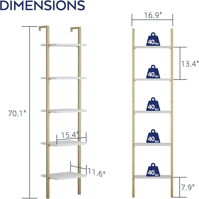 NUMENN Industrial Ladder Shelf, 5 Tier Book Shelf, Open Space Wall Mount Bookshelf with Metal Frame, Sturdy Book Shelves, Bookcase for Living Room, White and Gold