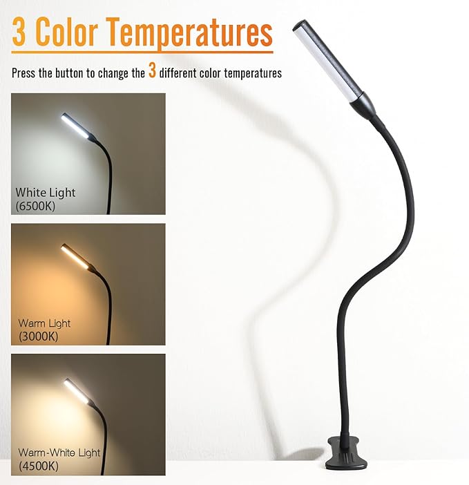 Clip on Reading Light, Clip Light, Warm & Daylight & White Light 3 Colors, Eye-Care Clamp Lamp with 10 Dimmable Illumination Modes