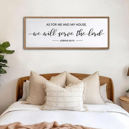 As For Me And My House We Will Serve The Lord Framed Wall Art, 32''×12'' Horizontal Positive Religious Rustic Bible Verse, Vintage Holy Catholic Scripture Decor for Christian God Jesus Christ Prayer