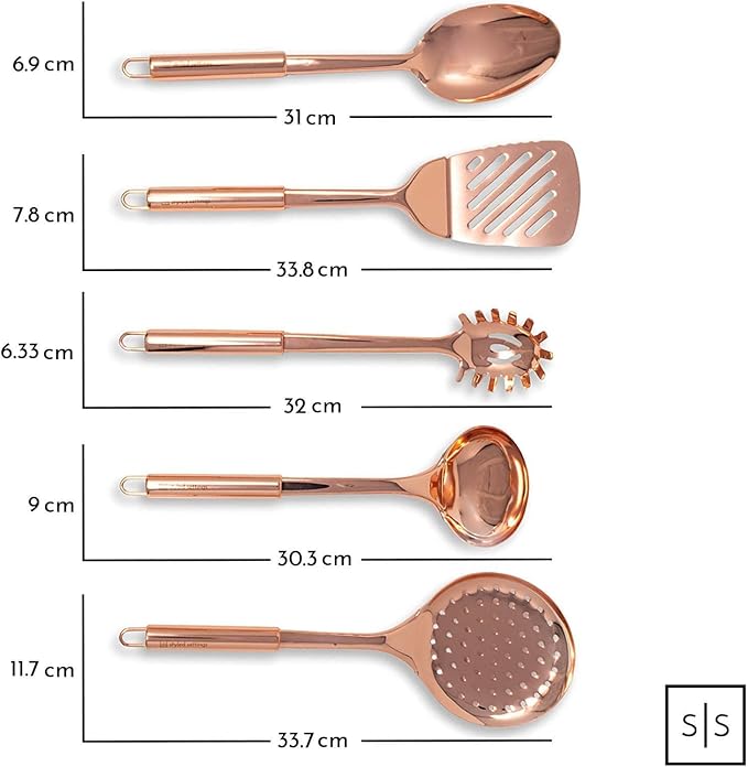 Styled Settings Copper Kitchen Utensils Set, 5-Piece | Copper Kitchen Accessories Includes Stainless Steel Ladle, Spoon, Pasta Fork, Spatula, and Skimmer - Unique Kitchen Gifts
