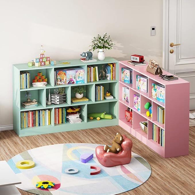 IOTXY Open Shelf Low Bookcase - Wooden 3-Tier Floor Standing Display Cabinet Organizer with Base, 10 Cubes Short Horizontal Bookshelf in Tiffany-Green