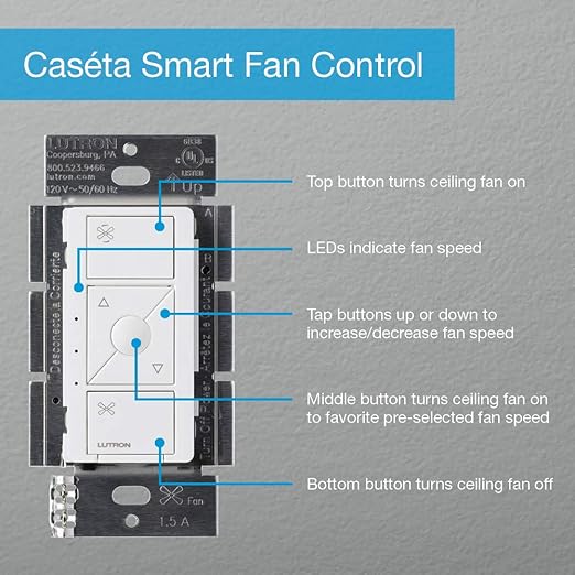 Lutron Caseta Smart Fan Speed Control Switch (Lutron Smart Hub Required), Single-Pole, PD-FSQN-LA, Light Almond