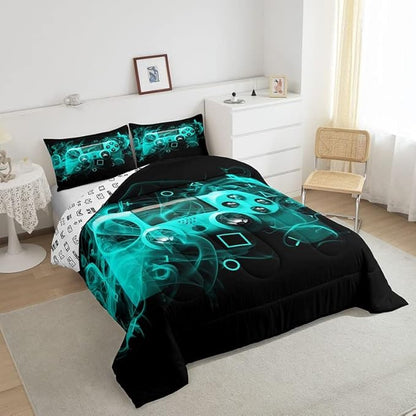 Feelyou Kids Gamer Comforter Set Queen Size Teens Gamepad Bedroom Decor for Boys Girls Video Game Controller Bedding Set Youth Gaming Console Comforter Blue Black Geometry with 2 Pillow Case
