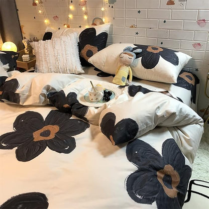 Black and White Comforter Set Black Floral Bedding Twin Comforter Set Hand-Drawn Flowers Cotton Women Modern Elegant Chic Quilts Blankets Lightweight Black Flower Reversible Bed Comforter Set