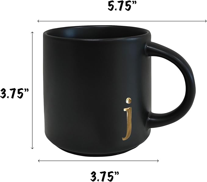 COLLECTIVE HOME Black Ceramic Coffee Mug, 15 oz Golden Monogram Tea Cup (j) | Personalized Halloween Mug with Gift Box, Dishwasher Safe, Birthday Present, Christmas Thanksgiving Mothers Day Gifts