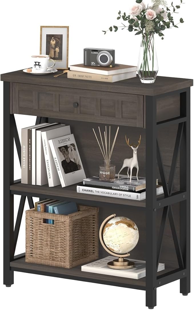 FATORRI Rustic Bookshelf with Drawer, Industrial Wood and Metal Bookcase, Small Book Shelf and Low Book case for Small Space (Walnut Brown)
