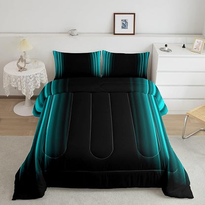 Geometric Abstract Ombre Comforter Set Kids Teens Teal and Black Striped Bedding Bed Set Decor Modern Fashion Comforter Inner Fill Bedroom Collection 2Pcs Twin Size