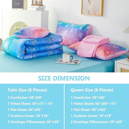 PERFEMET Pink Purple Mermaid Comforter Queen Size 6 Pieces Girls Bedding Set Colorful Rainbow Ombre Bed in A Bag Mermaid Scale Print Queen Comforter Set with Sheets