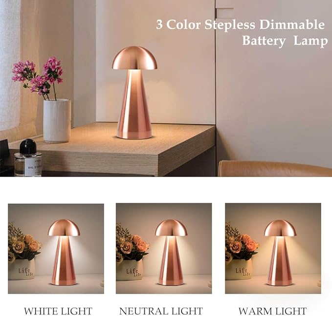 Cordless Metal Desk Lamp, Touch Sensor Control LED Table Lamp,3 Color Stepless Dimmable Battery Powered Lamp (Rose Gold)