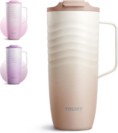 TOURIT 20oz Insulated Coffee Mug with Handle, Leak-Proof Travel Tumbler | 20oz · Side Handle · Ripple Grip · 6h Hot/12h Cold · Leak-Proof · Silicone Base · 304 Steel