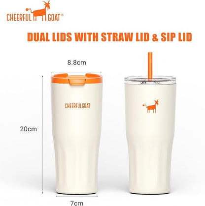 CHEERFUL GOAT Ceramic Lined Coffee Travel Mug – Stainless Steel Travel Coffee Tumbler with Ceramic Liner, with lid, 21 OZ Cup for Hot and Cold Water Coffee at Home, Office, or On the Go (White)