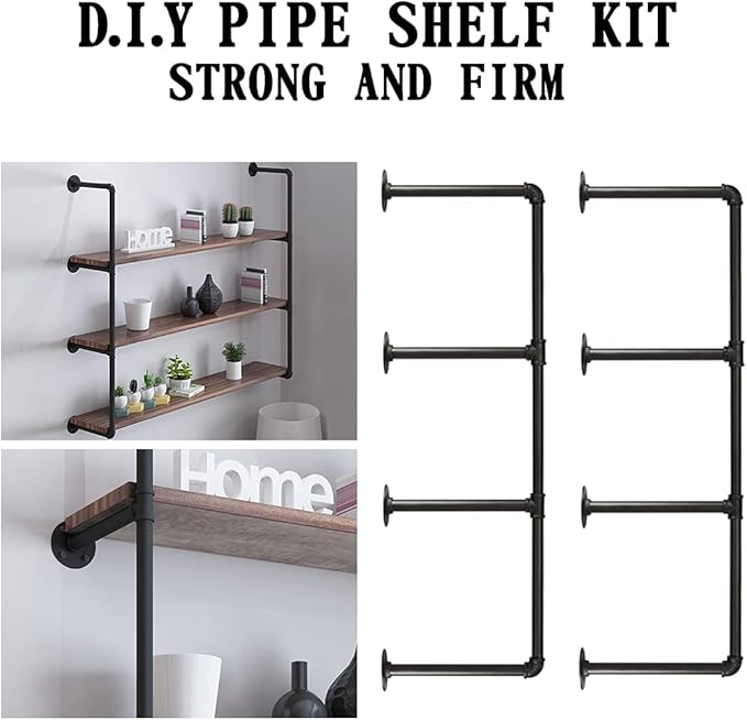 HITOMEN Industrial Iron Pipe Shelves, 2 Set 4-Tier, 42" Tall, 12" Depth, DIY Open Bookshelf Bookcase, Wall Mounted Vintage Retro Shelving, Rustic Farmhouse Pantry Kitchen Storage, Black Shelf Brackets