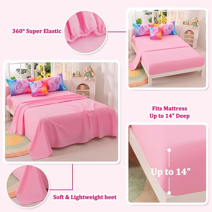 Girls Twin Bedding Sets, 6 Pcs Pink Twin Szie Comforter Set with Sheets, Watercolor Marble Abstract Art Superior Bedding Set for Girls Kids
