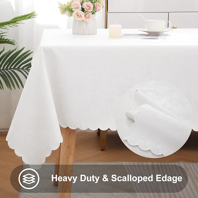Smiry Rectangle Waterproof Heavy Duty Vinyl Tablecloths, 60 x 102 Inch | Wipeable Washable Floral Embossed Table Cover for Kitchen and Dining Room, Indoor & Outdoor Use, White