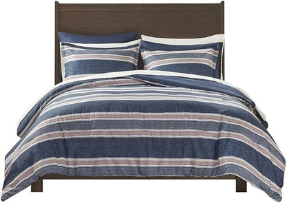 Comfort Spaces Bed in A Bag Comforter Set - College Dorm Room Essentials for Boys Men Bedding, Complete Dormitory Bedroom Pack And Sheet with 2 Side Pockets, Queen, Stripes Navy/Red