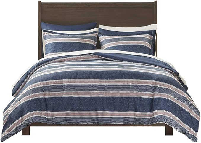 Comfort Spaces Bed in A Bag Comforter Set - College Dorm Room Essentials for Boys Men Bedding, Complete Dormitory Bedroom Pack And Sheet with 2 Side Pockets, Full, Stripes Navy/Red