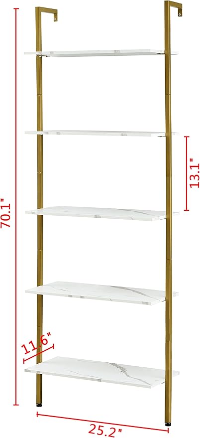 Tajsoon 5-Tier Ladder Shelf, Large Wall Mount Bookshelf with Metal Frame, Open Display Shelves for Living Room, Bedroom, Home, Plant Flower, White & Gold
