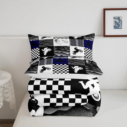 Dirt Bike Comforter Set, Motocross Rider Bedding Comforter Sets King, Motorcycle Grunge Down Comforter for Kids Boys Adult Men, Motorbike Extreme Sport Game Comforter, Buffalo Plaid, Blue Grey Black