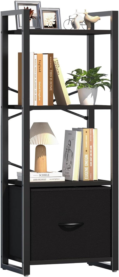 Yoobure Bookshelf, 4 Tier Book Shelf with Drawer, Small Bookcase Narrow Book Case, Industrial Bookshelves Shelf for Bedroom Living Room Office, Book Storage Organizer for CD/Movie Black