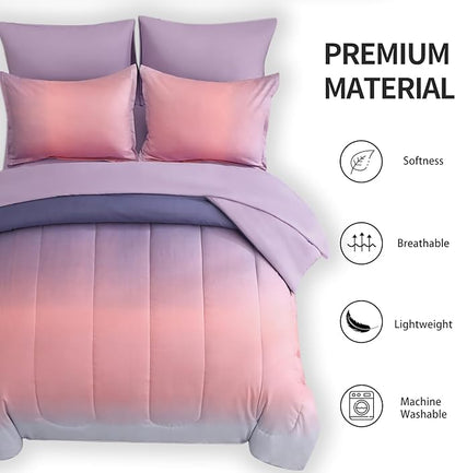 6 Pieces Comforter Set Twin Size for Girls - Gradient Pink and Purple All Season Teens Comforter Bedding Set, Ultra-Soft Fluffy Down Alternative Microfiber Bed in a Bag for Kids