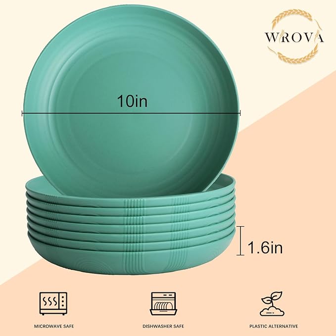 Wrova Wheat Straw Plates - 10 Inch Unbreakable Dinner Plates Set of 8 - Dishwasher & Microwave Safe Plastic Plates Reusable for Indoors and Outdoors (Green)