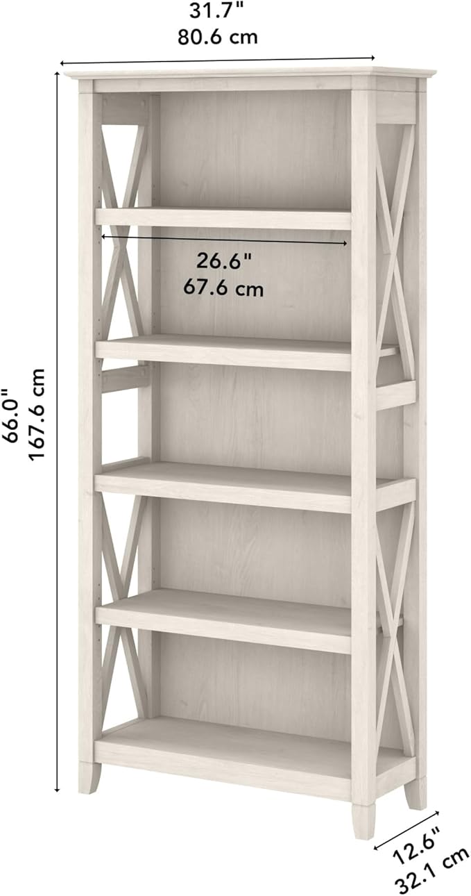 Bush Furniture Key West Bookcase Shelf in Linen White Oak | Farmhouse Bookshelf Display Cabinet for Library, Bedroom, Living Room, and Office