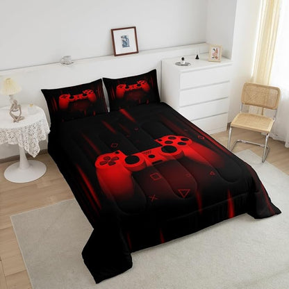 Feelyou Boys Gamer Comforter Set King Size Gaming Bedding Set Kids Video Games Comforter for Teen Child Gamer Room Decor Super Soft Red Black Bed Set Microfiber Game Geometric Duvet Quilted Gamer Gift
