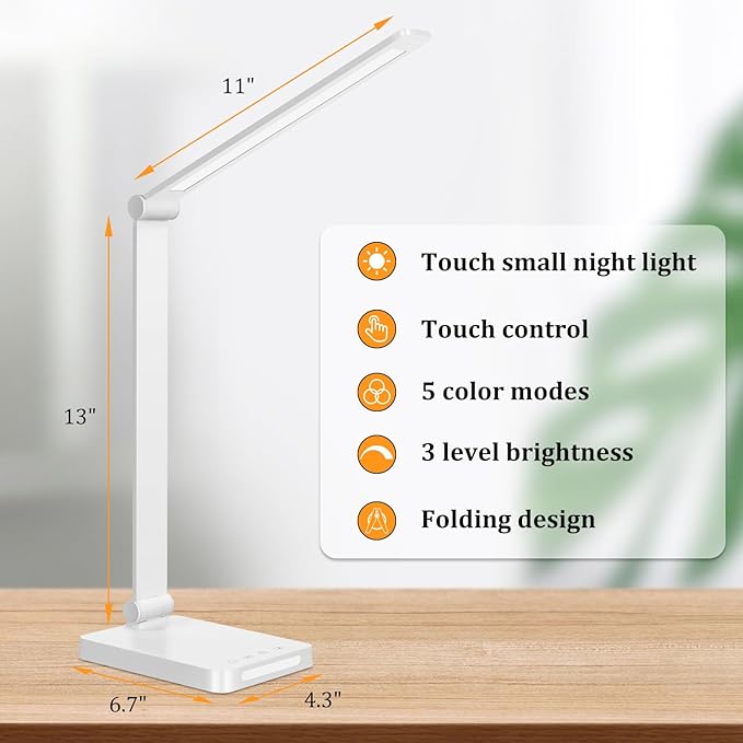 Dott Arts LED Desk Lamp with USB Ports,Touch Desk Lamps for Home Office with 5 Color Modes,3 Brightness Desk Light with Small Night Light,Reading Lamp Table LED Lamp for Bedroom Bedsid Study White