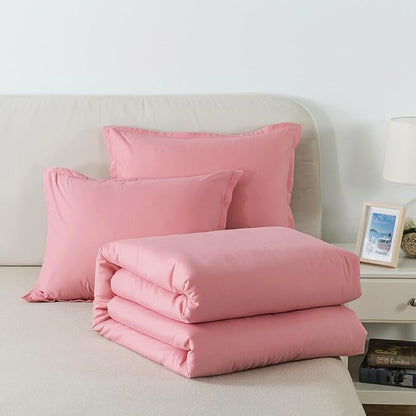 Pink Comforter Set Full Size, Solid Blush Girls Pink Down Alternative Boho Bedding Comforter Set, Breathable Fluffy Microfiber 3 PCS Comforter Set for All Seasons