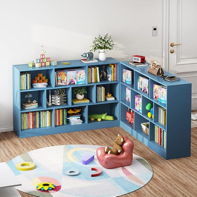 IOTXY Open Shelf Low Bookcase - Wooden 3-Tier Floor Standing Display Cabinet Organizer with Base, 7 Cubes Short Horizontal Bookshelf in Bright Blue