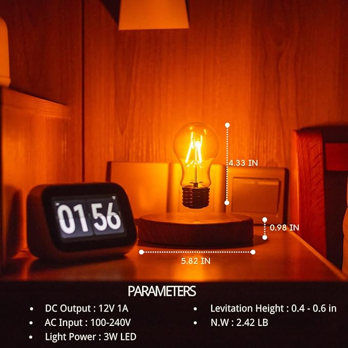 Levitating Bulb Lamp Magnetic Floating Lamp Light Desk Lamp Night Light Table LED for Unique Gifts, Room Decor, Night Light, Home Office Decor Desk Tech Toys (Round-Dark Brown Base)
