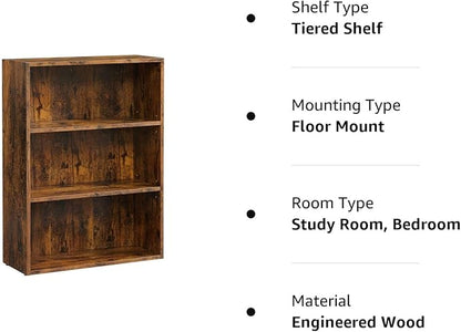 VASAGLE Bookshelf, 23.6 Inches Wide, 3-Tier Open Bookcase with Adjustable Storage Shelves, Floor Standing Unit, Rustic Brown ULBC163X01