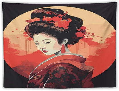 Japanese Woman Geisha Tapestry Asian Cherry Blossom Red Sun Traditional Kimono Folk Tapestries Home Decor for Living Room Bedroom Apartment Farmhouse Dorm 90"x60"