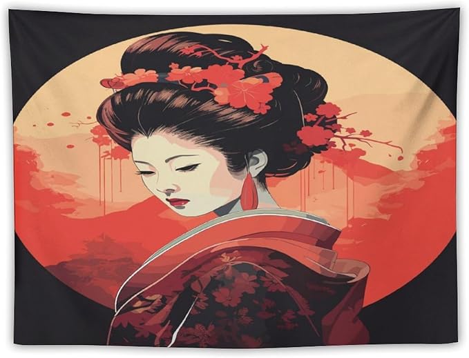 Japanese Woman Geisha Tapestry Asian Cherry Blossom Red Sun Traditional Kimono Folk Tapestries Home Decor for Living Room Bedroom Apartment Farmhouse Dorm 60"x40"